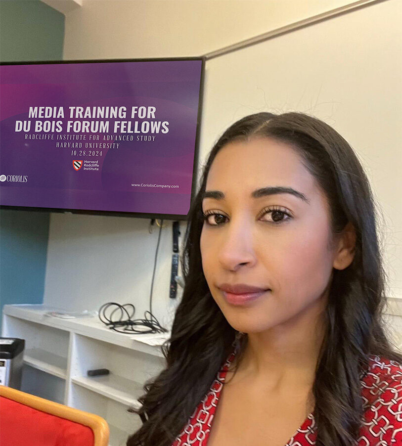 Media Training for Du Bois Forum Fellows Nanda Dyssou presenting a media training workshop for Du Bois Forum Fellows at the Radcliffe Institute for Advanced Study, Harvard University, on October 28, 2024.